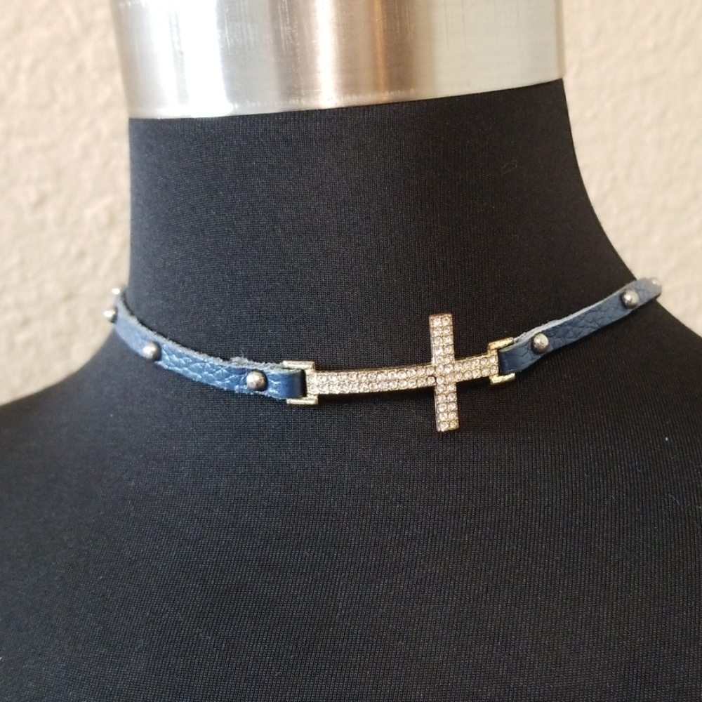 Blue leather Studded Rhinestone Cross Choker